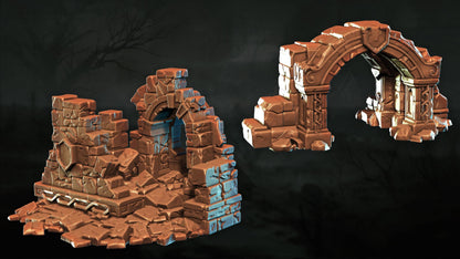 two 3D models of ruins or ruins, one on the left and one on the right, set against a dark background.