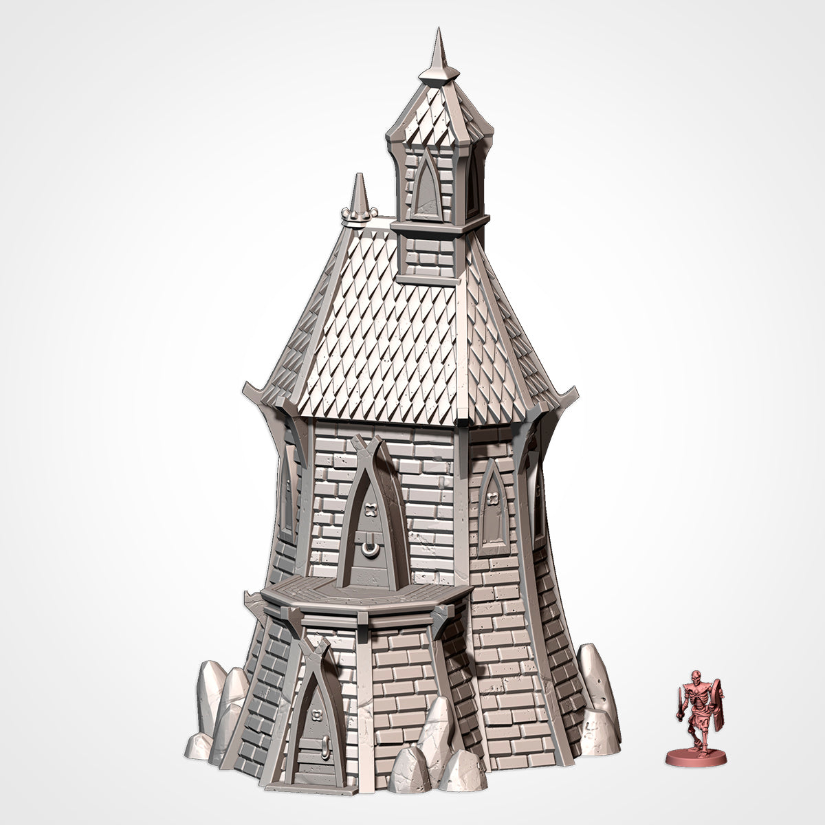 A 3D rendering of a castle-like structure with a pointed roof and multiple towers, accompanied by a small figurine of a knight standing next to it.
