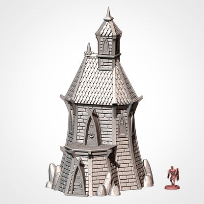 A 3D rendering of a castle-like structure with a pointed roof and multiple towers, accompanied by a small figurine of a knight standing next to it.