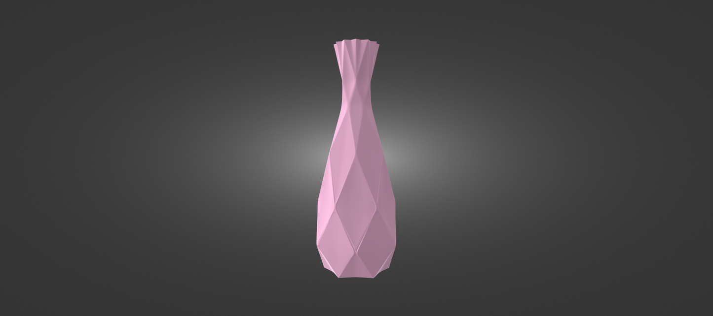 A 3D rendering of a pink, diamond-shaped vase against a dark background.