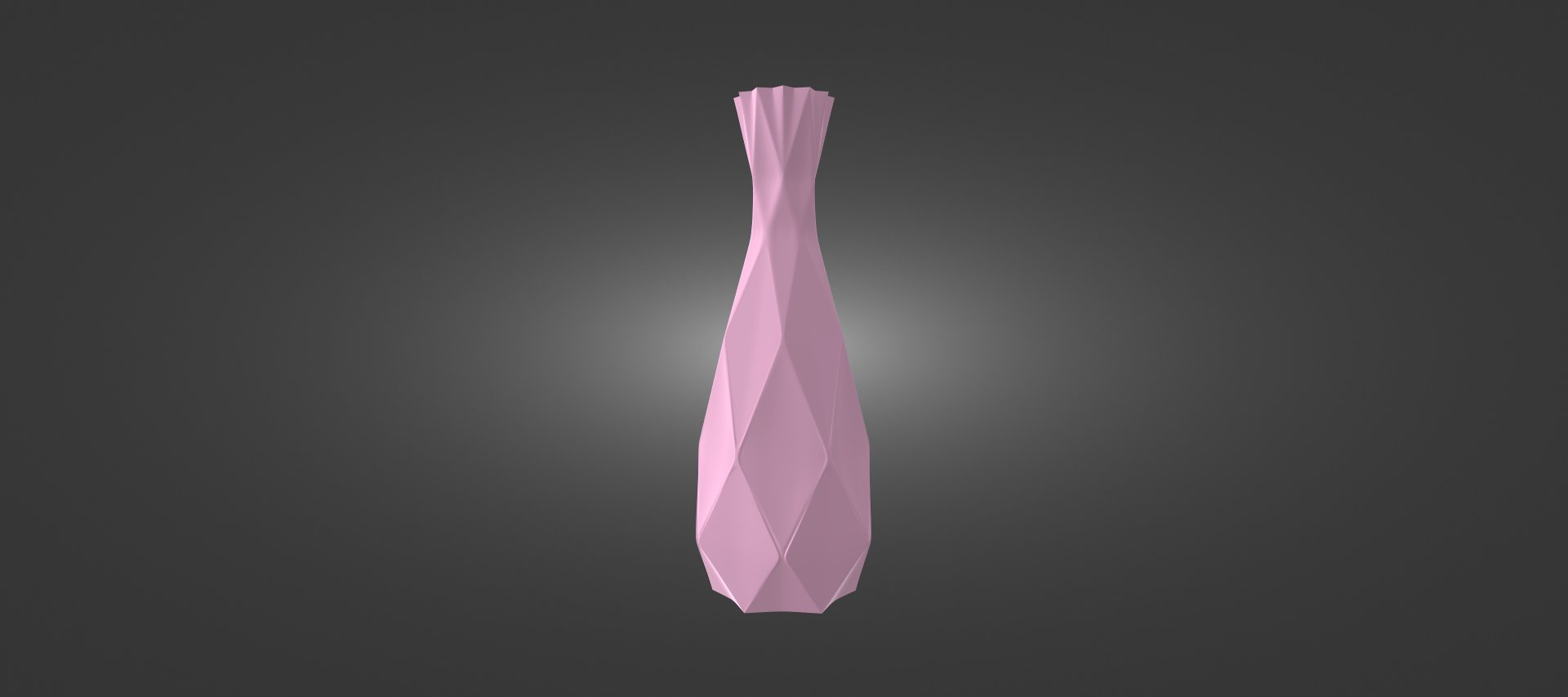 A 3D rendering of a pink, diamond-shaped vase against a dark background.