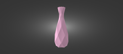 A 3D rendering of a pink, diamond-shaped vase against a dark background.