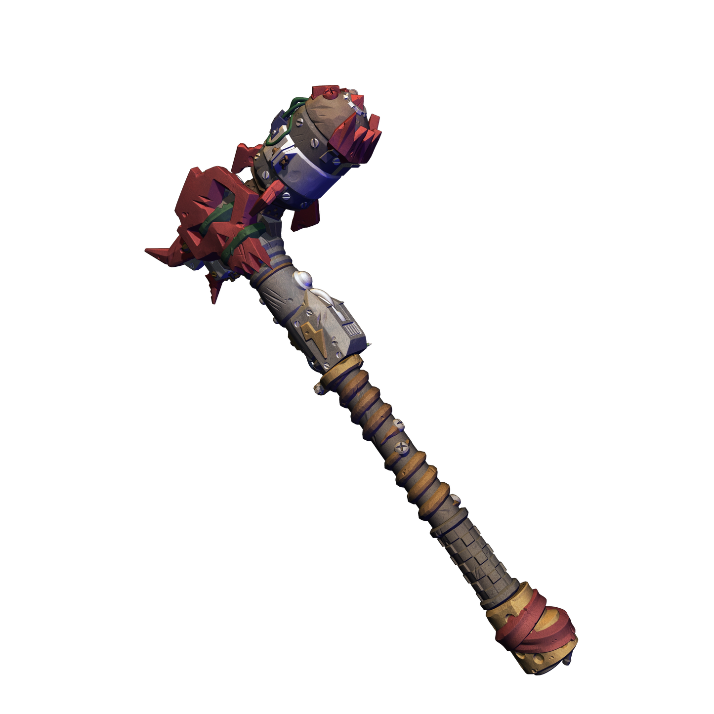 A 3D rendering of a futuristic-looking weapon with a long, curved blade and various mechanical components.