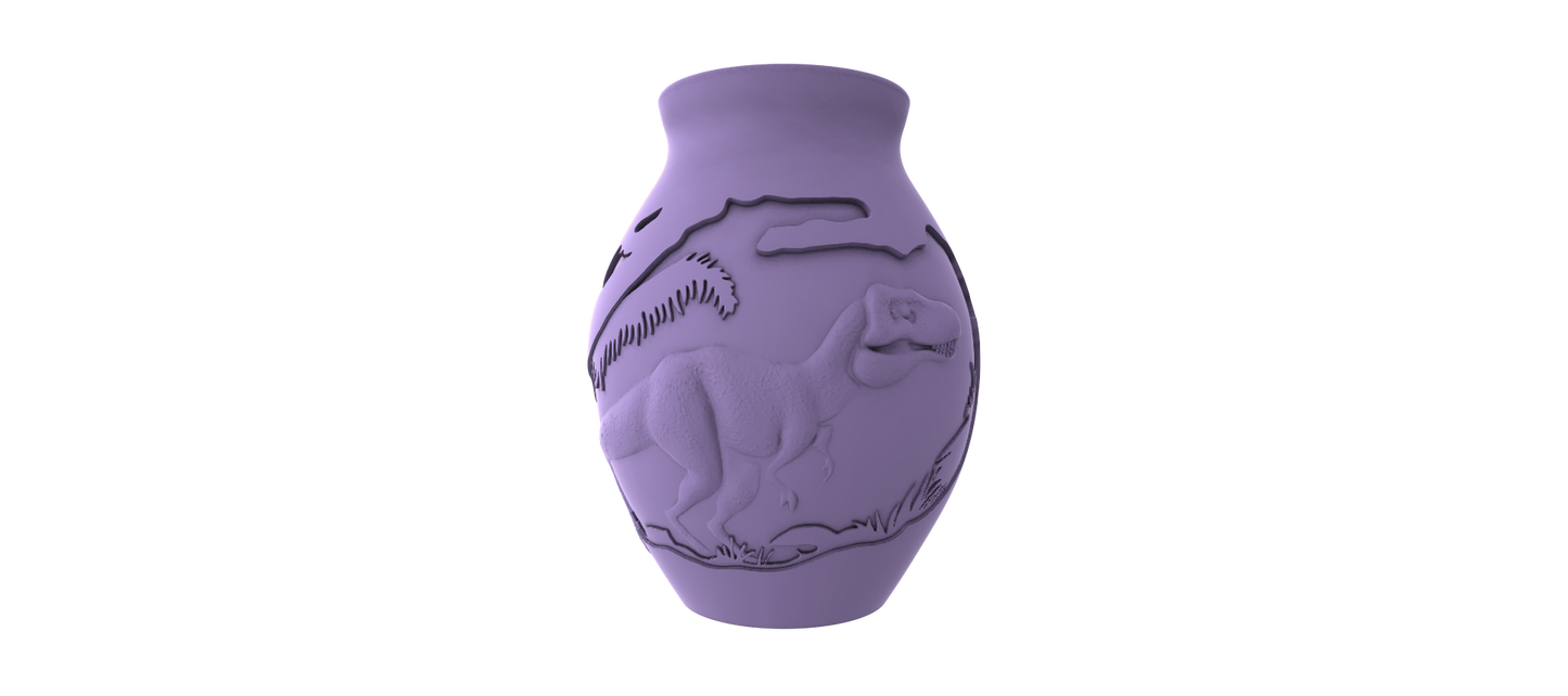 A 3D rendering of a vase with a dinosaur design on it, set against a black background.