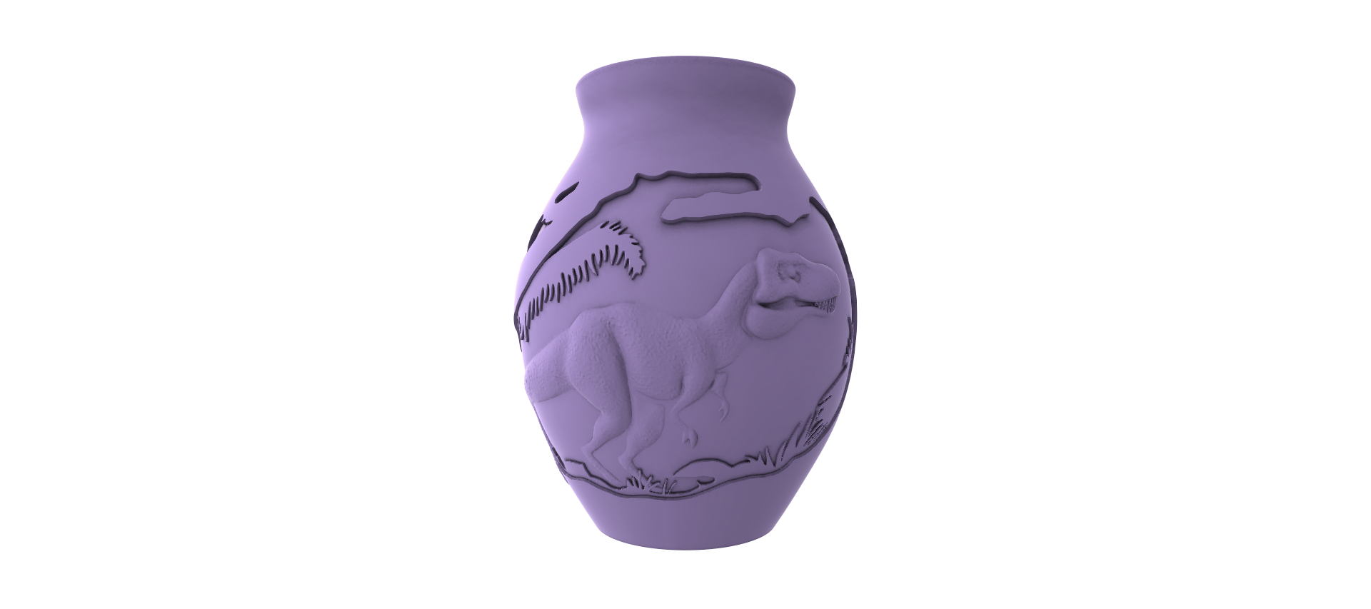 A 3D rendering of a vase with a dinosaur design on it, set against a black background.