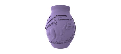 A 3D rendering of a vase with a dinosaur design on it, set against a black background.