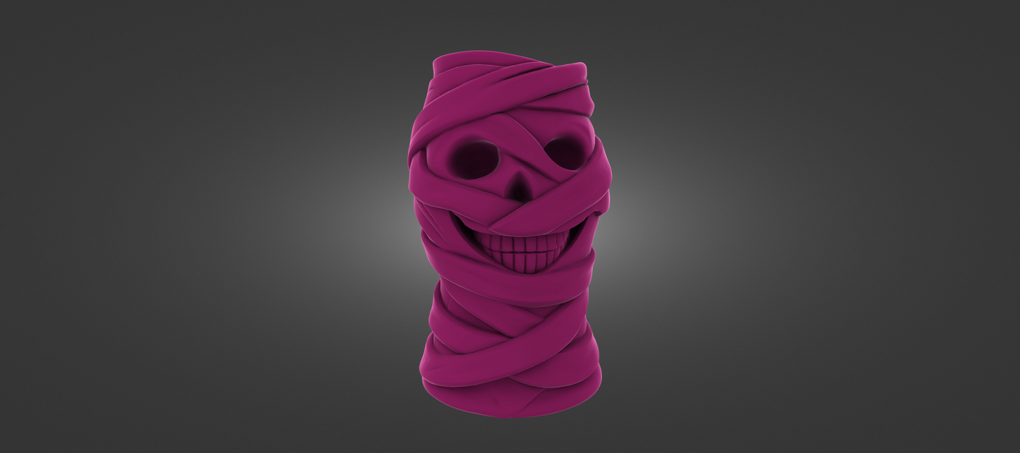A 3D rendering of a purple, twisted, and coiled object resembling a skull or a similar shape, with a smiling expression.