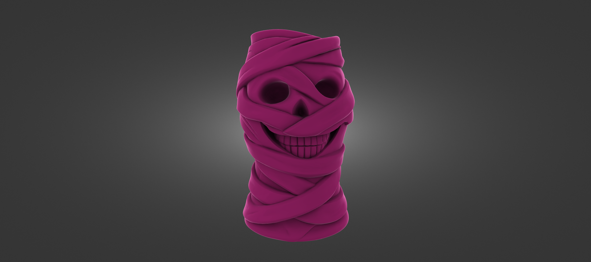 A 3D rendering of a purple, twisted, and coiled object resembling a skull or a similar shape, with a smiling expression.
