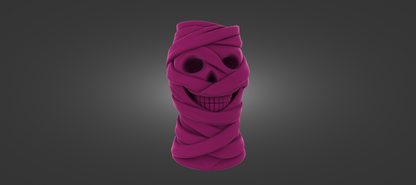 A 3D rendering of a purple, twisted, and coiled object resembling a skull or a similar shape, with a smiling expression.
