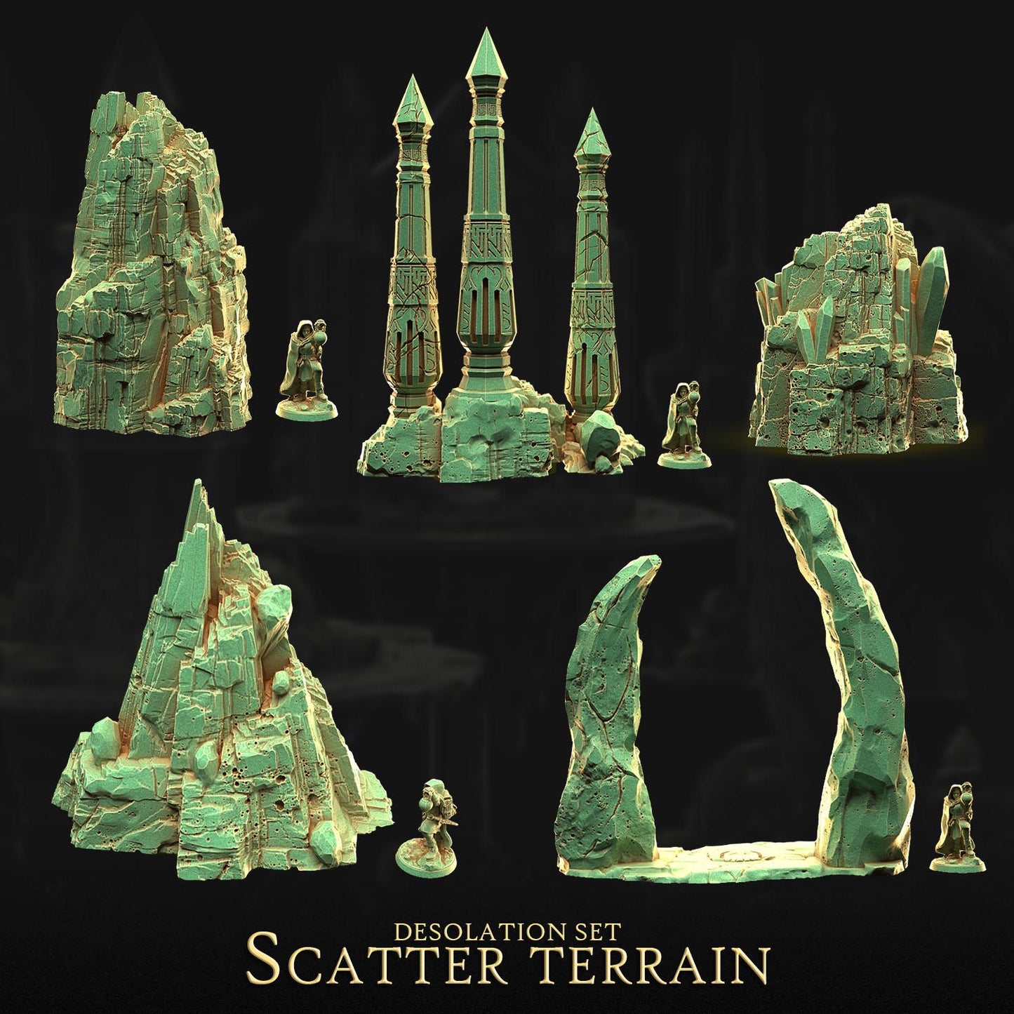 a collection of various fantasy-themed sculptures and figurines, including towers, cliffs, and other natural elements, arranged against a dark background. The text "DESOLATION SET Scatter Terrain" is visible, indicating the theme or subject matter of the artwork.