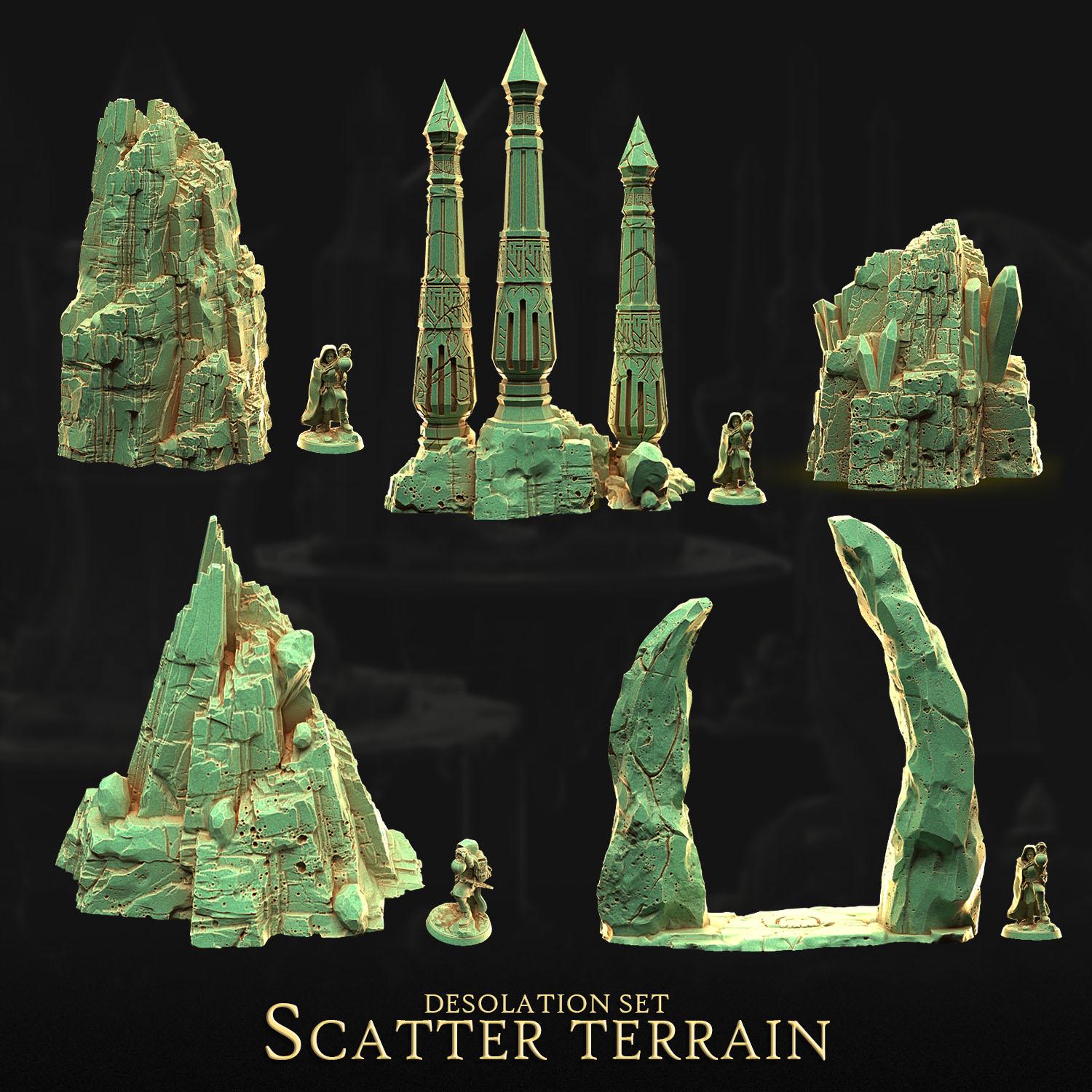 a collection of various fantasy-themed sculptures and figurines, including towers, cliffs, and other natural elements, arranged against a dark background. The text "DESOLATION SET Scatter Terrain" is visible, indicating the theme or subject matter of the artwork.