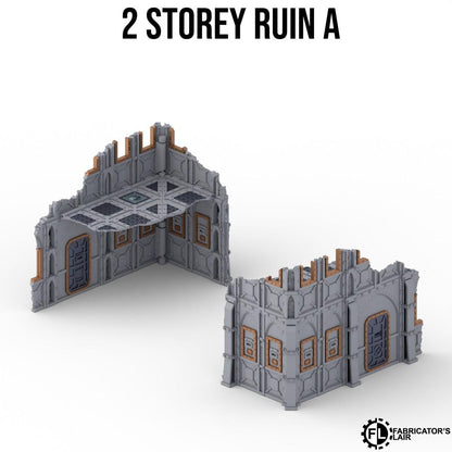 two 3D models of a damaged building, with the text "2 STOREY RUIN A" above them.