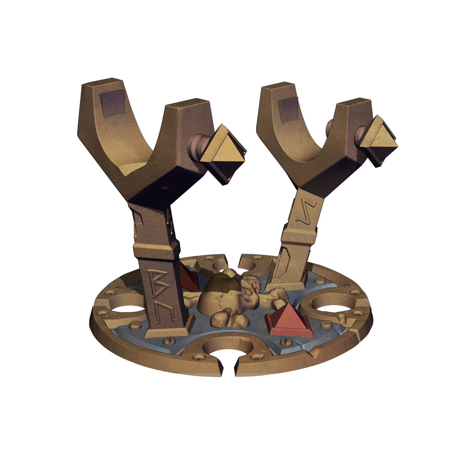 A 3D rendering of a mechanical device with two large, curved components and a smaller triangular component at the bottom.