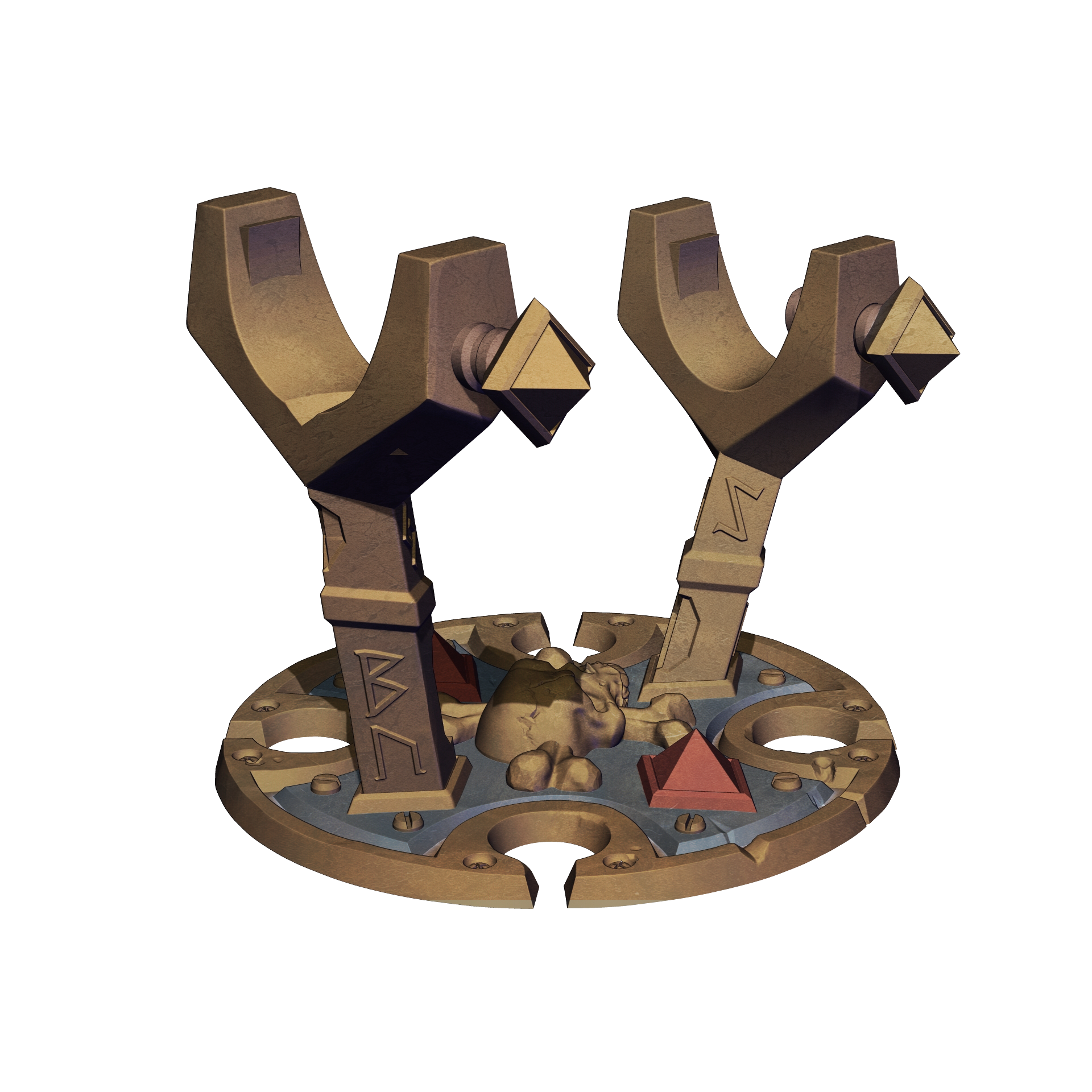 A 3D rendering of a mechanical device with two large, curved components and a smaller triangular component at the bottom.