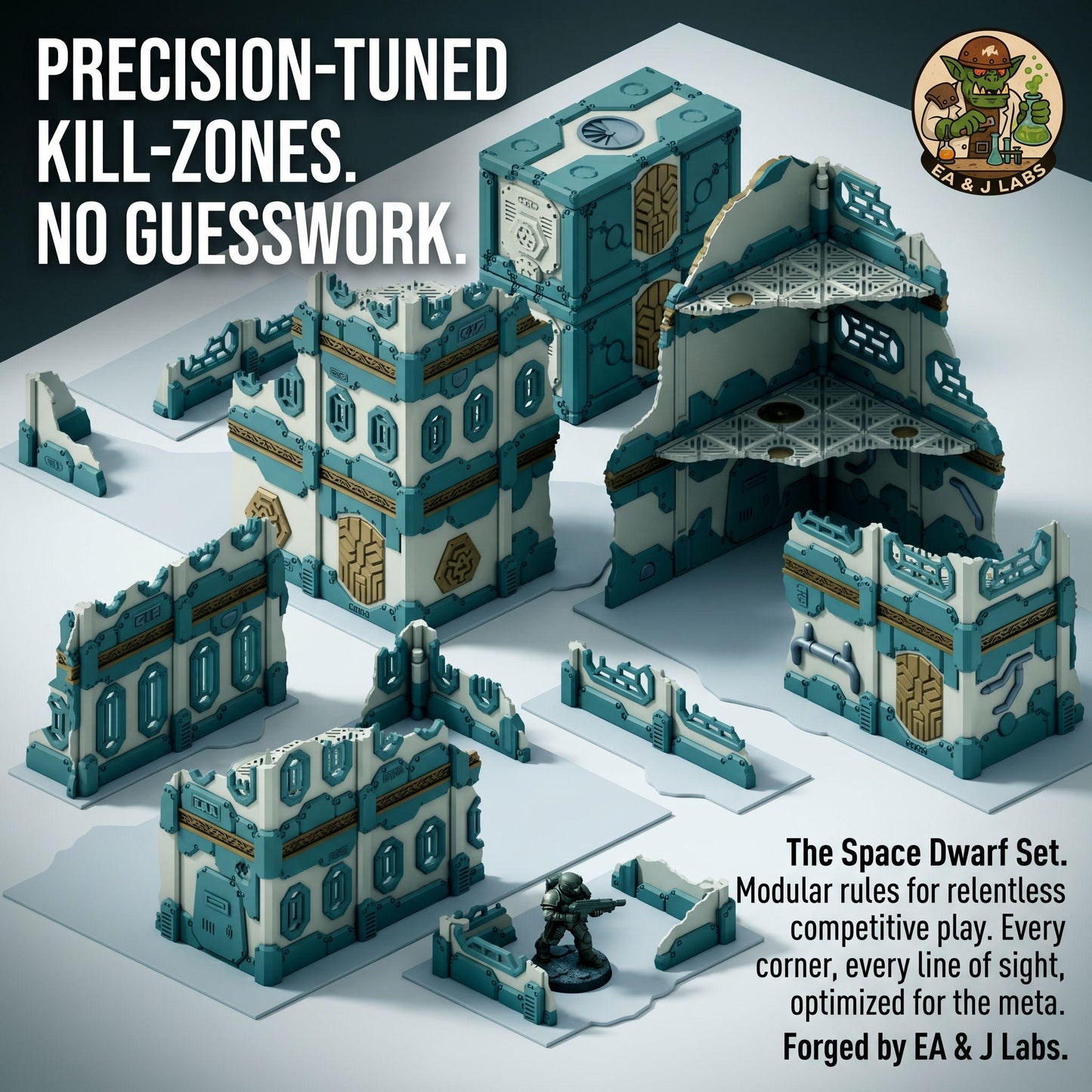 The image is an advertisement for a precision-tuned kill-zone set, featuring a variety of blue and white geometric structures and a small figurine.