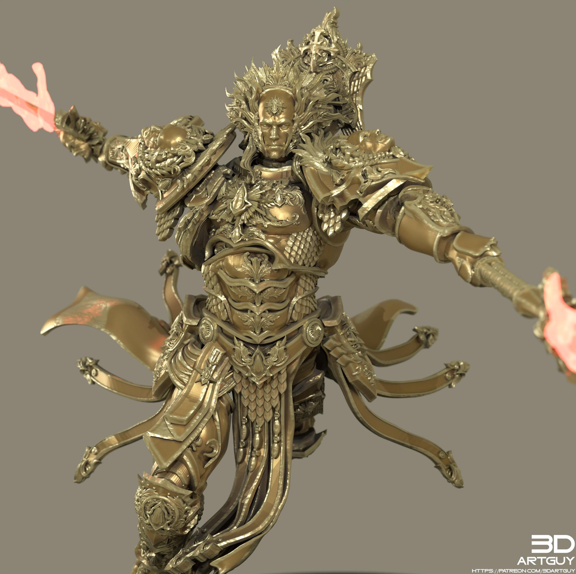 A detailed 3D rendering of a golden armored warrior figure wielding a sword and surrounded by flames.