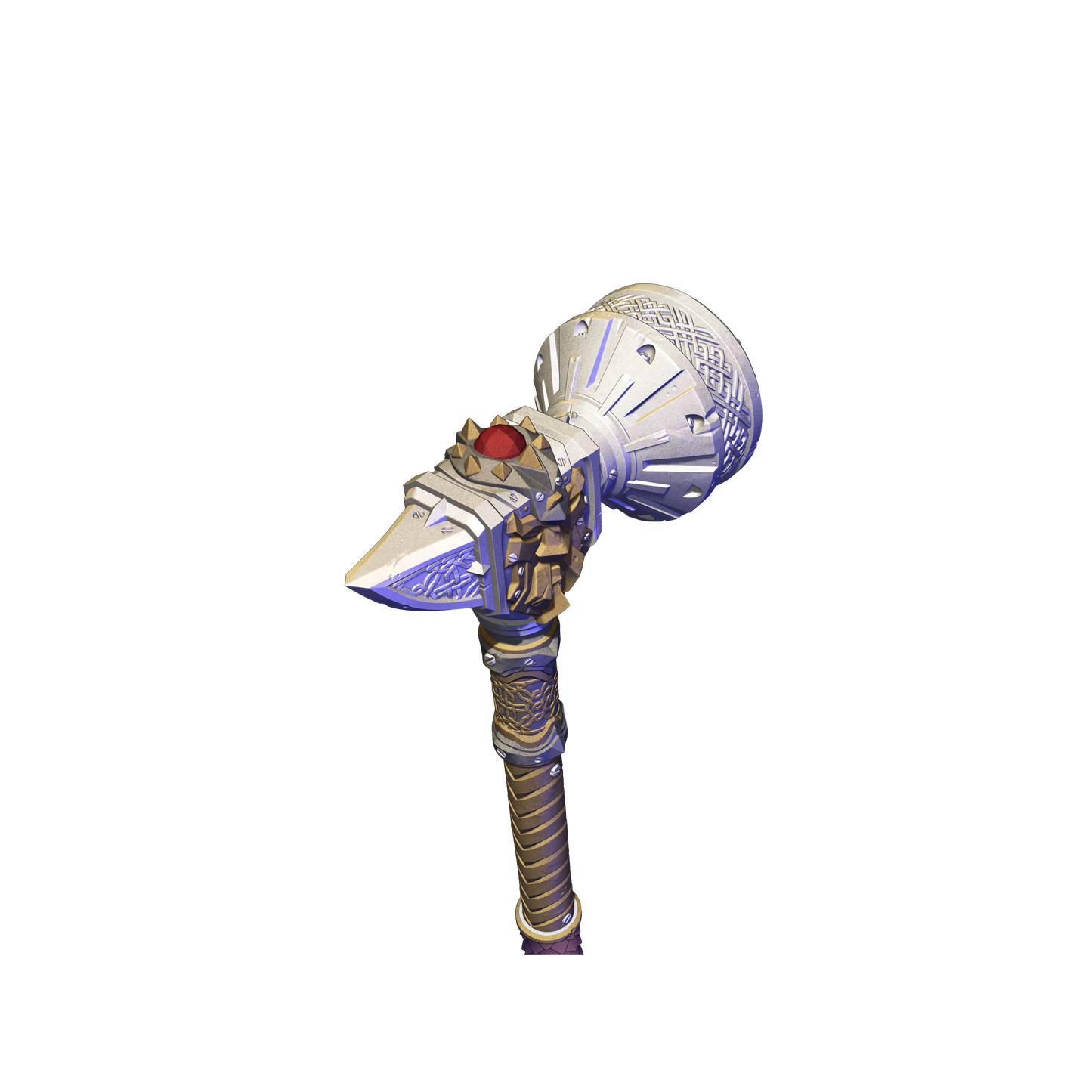 A 3D rendering of a decorative object with intricate patterns and a red gemstone at the top.