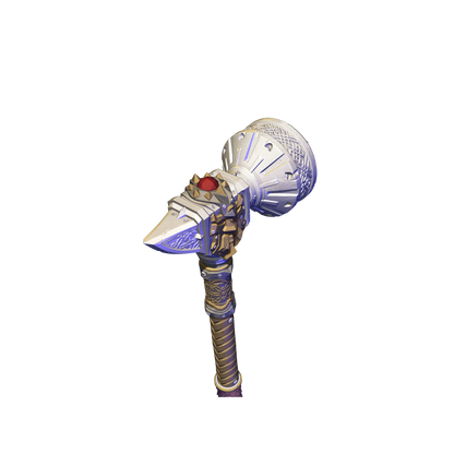A 3D rendering of a decorative object with intricate patterns and a red gemstone at the top.