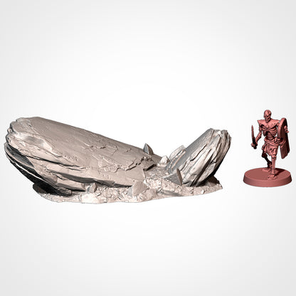 A 3D rendering of a large rock formation and a small figurine of a warrior standing next to it.