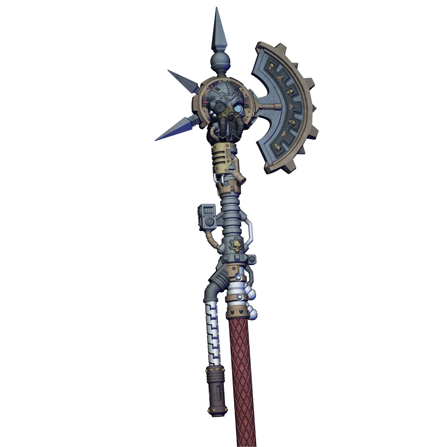 A highly detailed and intricate mechanical weapon, featuring a combination of gears, pipes, and other mechanical components. The weapon appears to be a complex piece of technology or armor, with a pointed top and a curved blade.