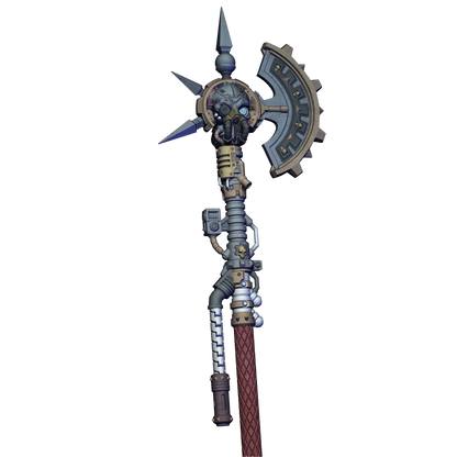 A highly detailed and intricate mechanical weapon, featuring a combination of gears, pipes, and other mechanical components. The weapon appears to be a complex piece of technology or armor, with a pointed top and a curved blade.