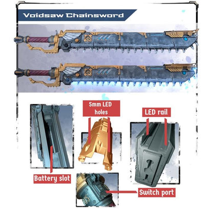 a futuristic sword with various technological features, including a 5mm LED light, LED rail, battery slot, and switch port.