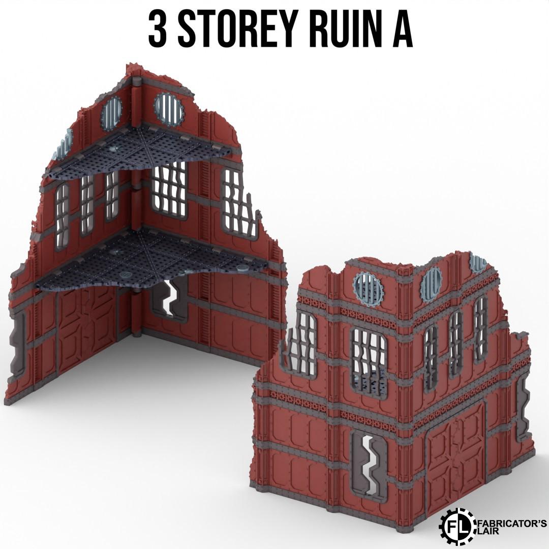 a 3-storey ruin, which is a 3D model of a building or structure. The ruins appear to be made of red and black materials, giving them a distinctive and striking appearance. The ruins are shown in two different angles, providing a comprehensive view of their structure and design.