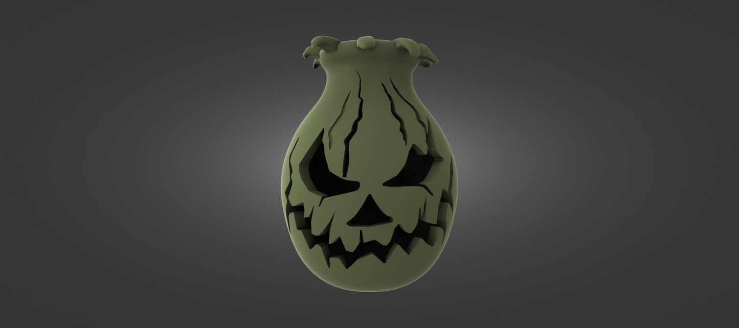 A green, spooky-looking vase with a carved face on it, set against a dark background.