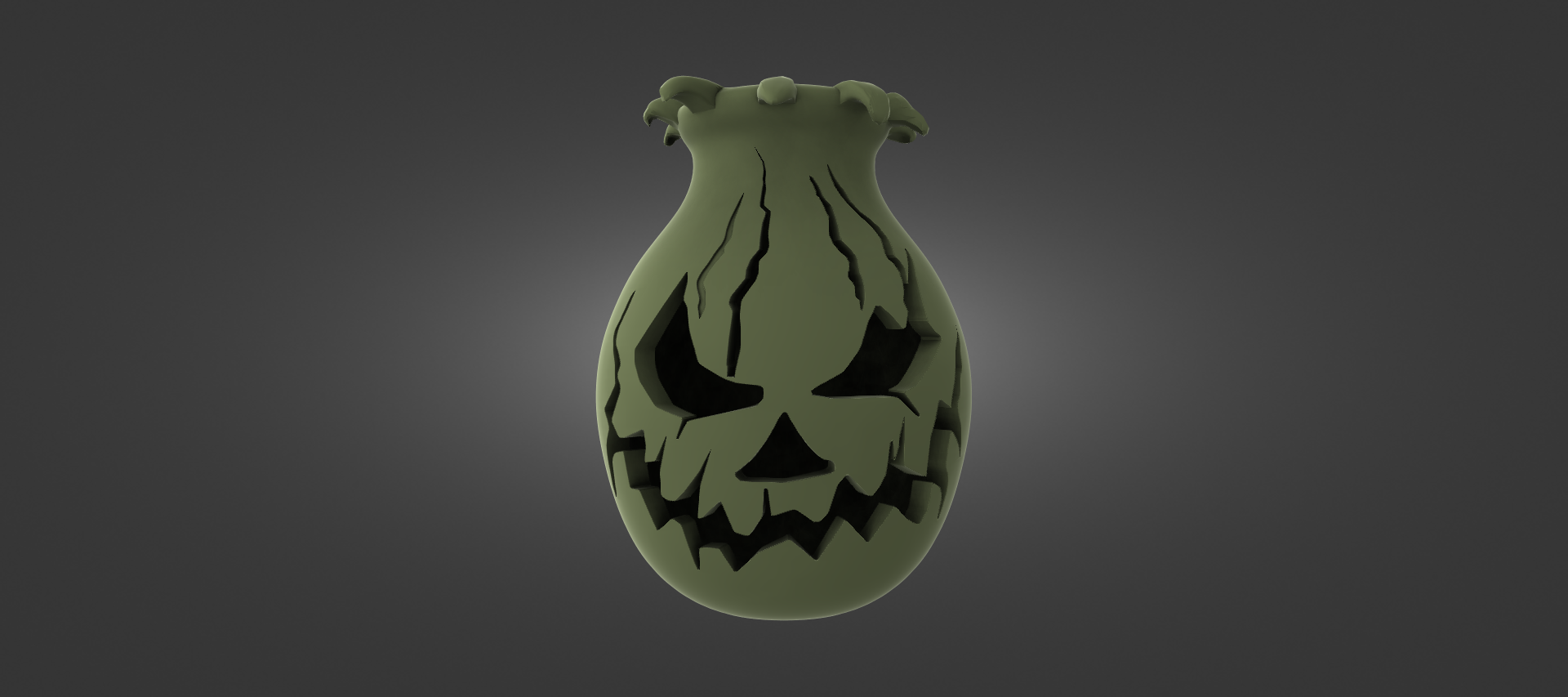 A green, spooky-looking vase with a carved face on it, set against a dark background.