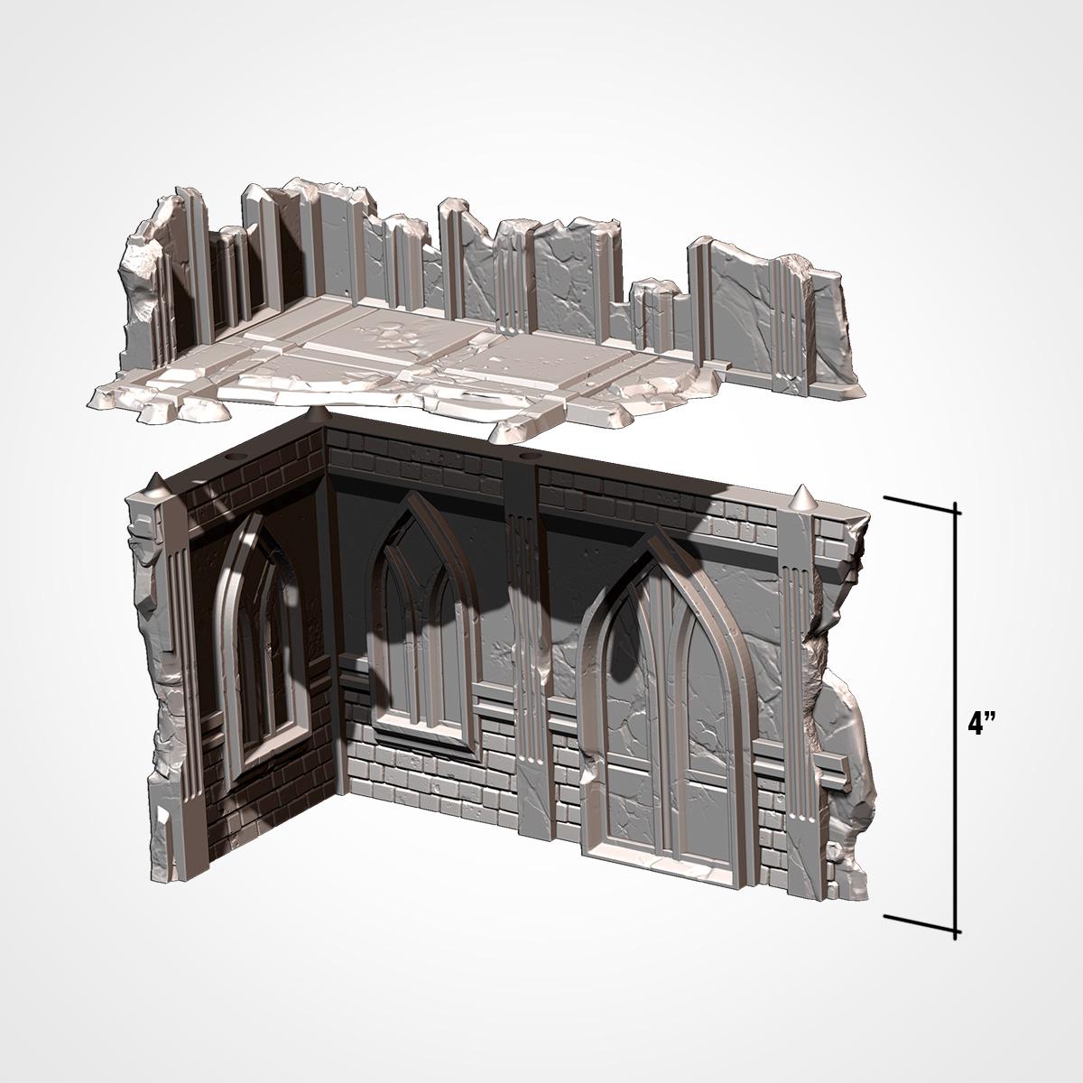 The image is a 3D rendering of a damaged building, likely a castle or fortress, with various architectural elements such as arches, columns, and walls. The image is not a photograph, but rather a digital or 3D representation of the structure.