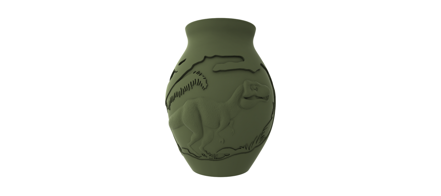 A 3D rendering of a vase with an embossed design depicting a dinosaur or prehistoric creature.