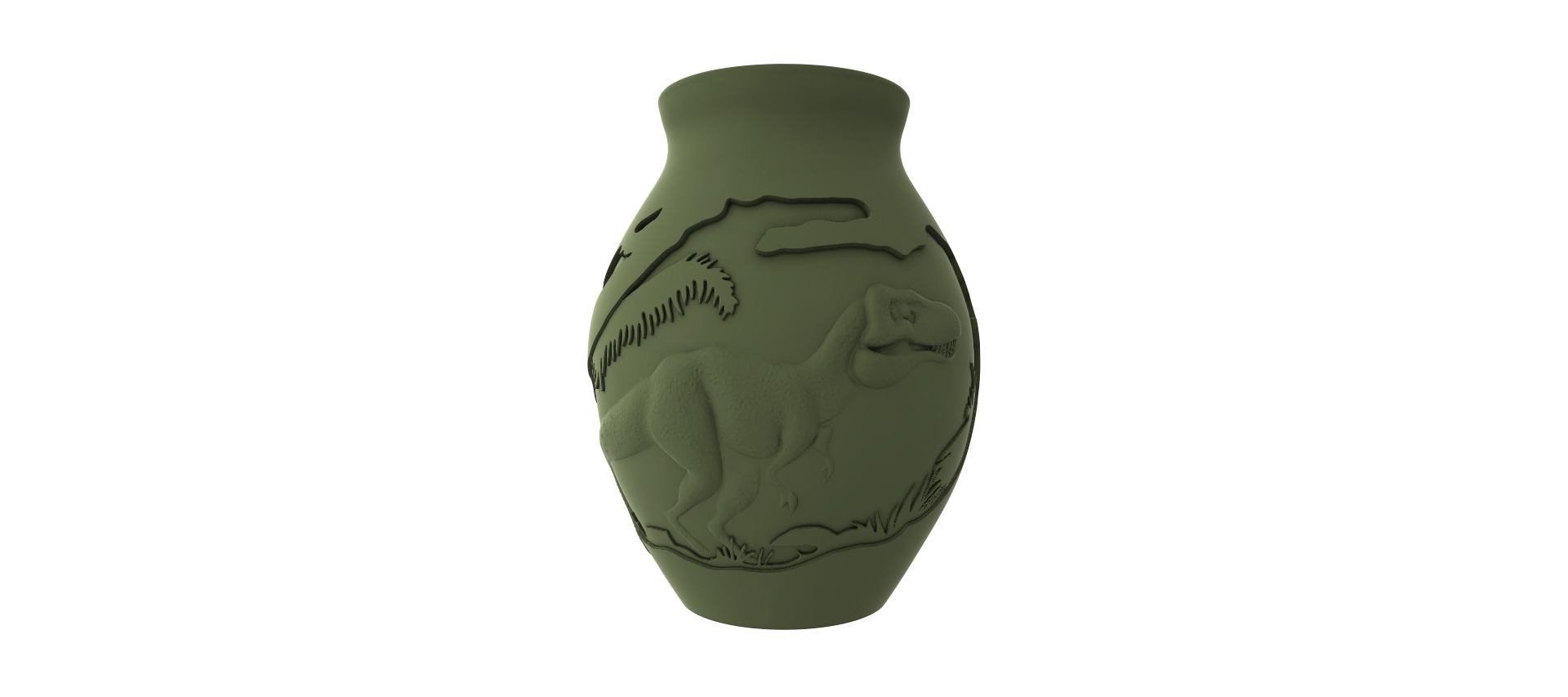 A 3D rendering of a vase with an embossed design depicting a dinosaur or prehistoric creature.