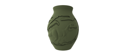 A 3D rendering of a vase with an embossed design depicting a dinosaur or prehistoric creature.