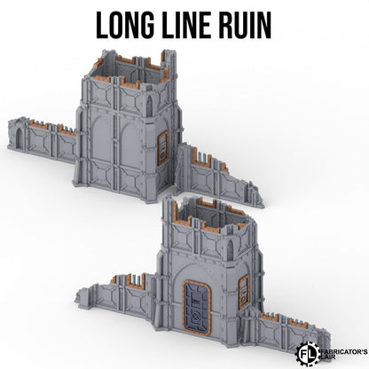 a 3D rendering of a long line ruin, which is a type of medieval fortification structure. The ruins consist of multiple gray towers and walls, with some of the walls appearing to be damaged or crumbling. The image is a collage of two different views of the ruins, providing a comprehensive look at the structure.