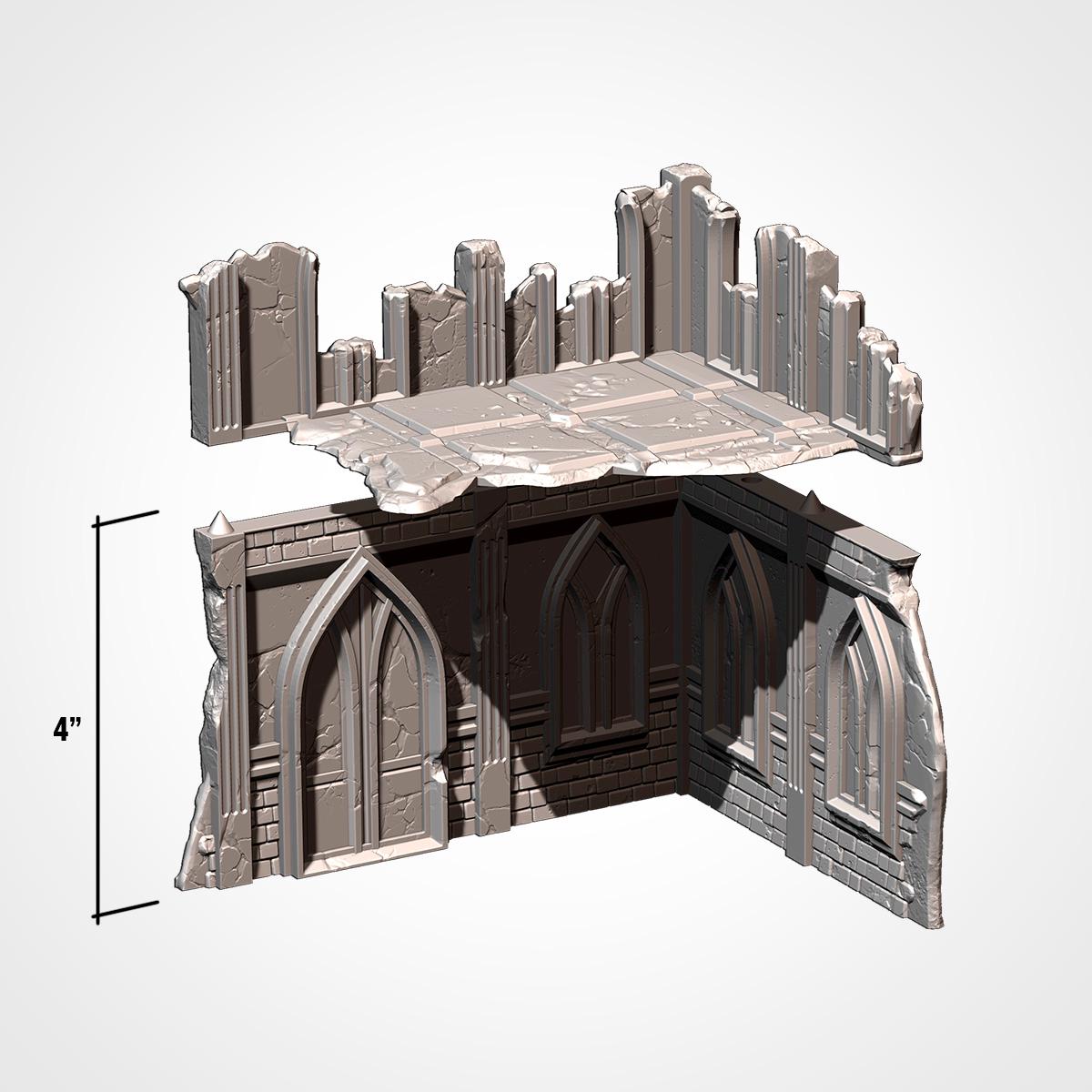 The image is a 3D rendering of a damaged building, possibly a castle or fortress, with various architectural elements such as arches, columns, and walls. The image is not a photograph, but rather a digital or 3D representation of the structure.