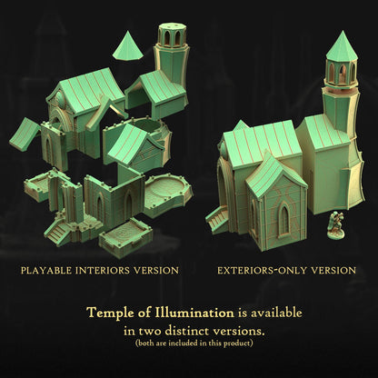 The image is a 3D rendering of a temple with two distinct versions available: a Playable Interiors Version and an Exteriors-Only Version. The temple is available in both versions, and it is included in this product.