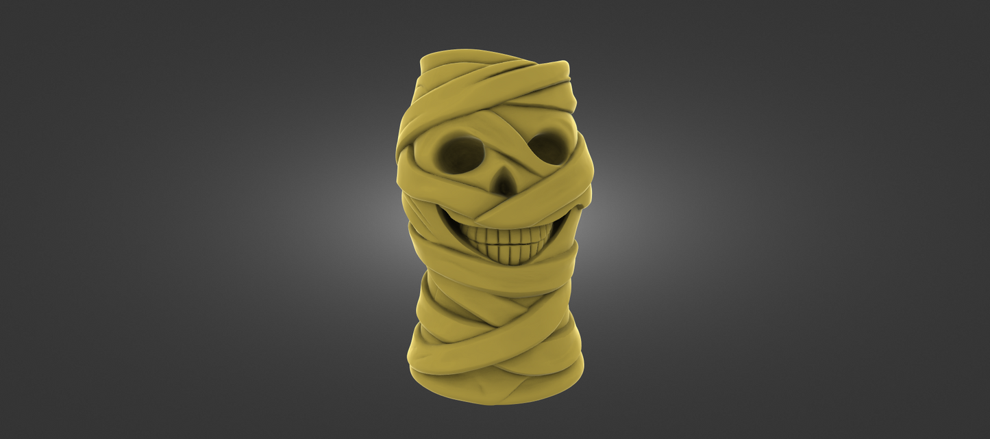 A 3D rendering of a yellow, skull-like figure with a wrapped band around its head, giving it a spooky or eerie appearance.