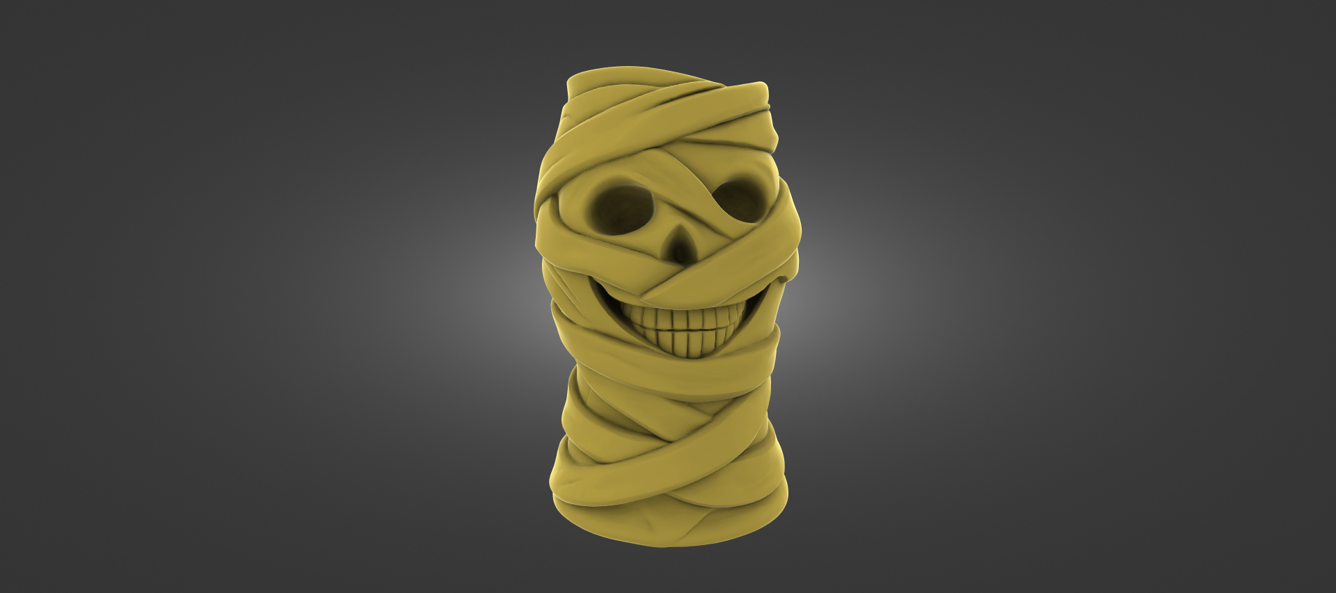 A 3D rendering of a yellow, skull-like figure with a wrapped band around its head, giving it a spooky or eerie appearance.