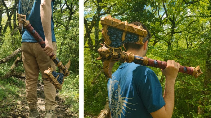 The image is a collage of two photos showing a person holding a large, ornate weapon in a forest setting.