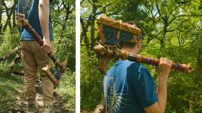 The image is a collage of two photos showing a person holding a large, ornate weapon in a forest setting.