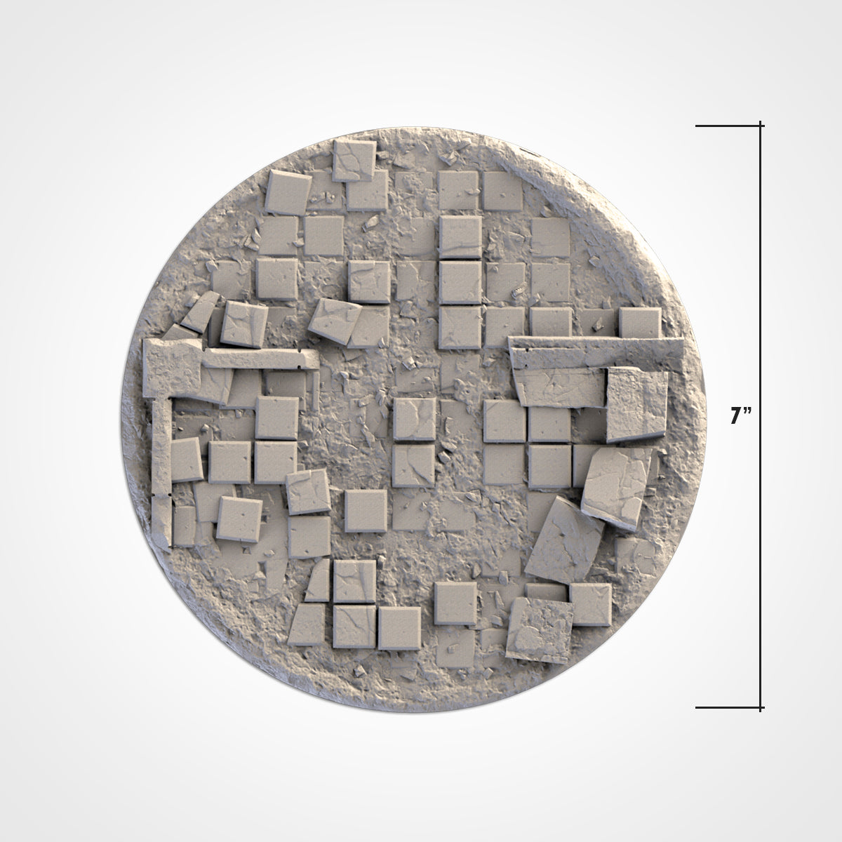 A 3D rendering of a circular object composed of numerous small square tiles or blocks, with some of the tiles appearing to be broken or cracked.