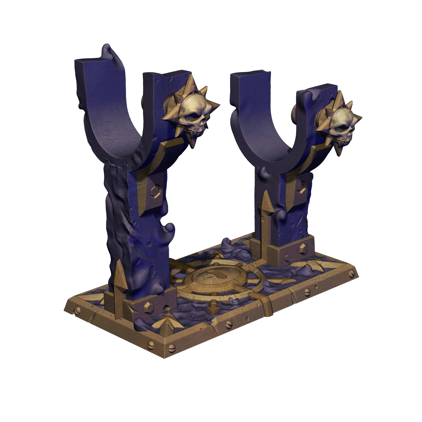 A 3D rendering of a decorative sword-like weapon with a skull-like design on the handles.
