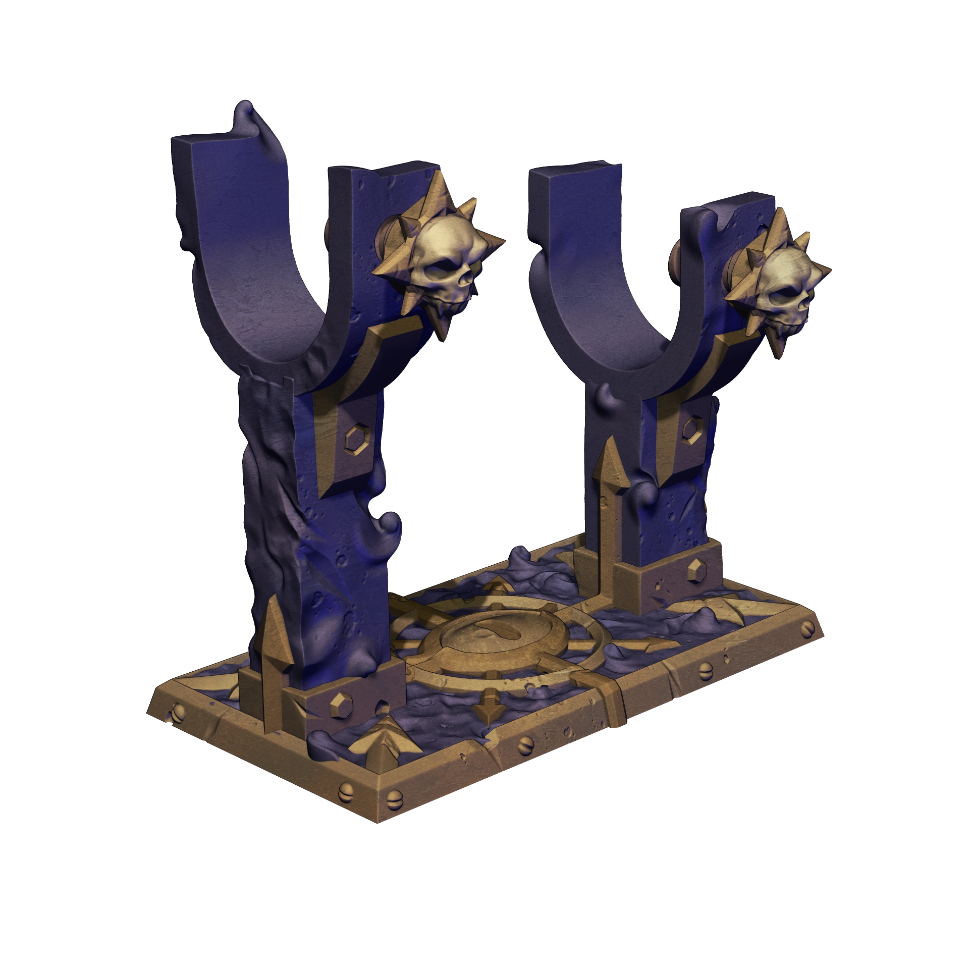 A 3D rendering of a decorative sword-like weapon with a skull-like design on the handles.