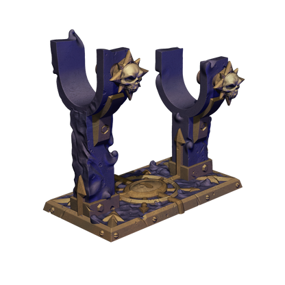 A 3D rendering of a decorative sword-like weapon with a skull-like design on the handles.