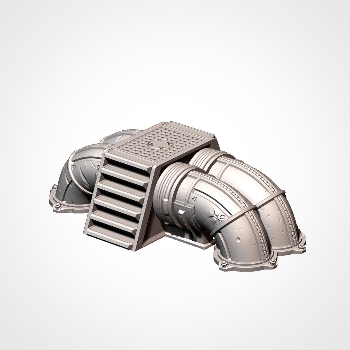 A 3D rendering of a metallic pipe structure with a square base and multiple curved sections.