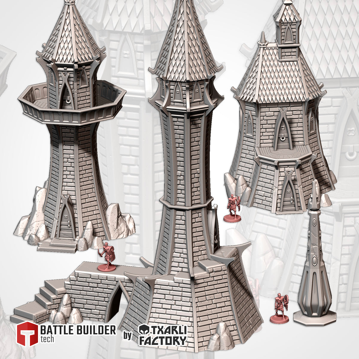 a collection of three towers, each with unique architectural designs, and a few small figures placed on the towers. The towers appear to be made of a gray material, possibly stone or metal, and are set against a light background.