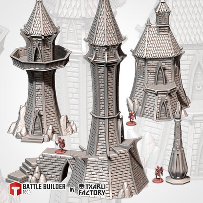 a collection of three towers, each with unique architectural designs, and a few small figures placed on the towers. The towers appear to be made of a gray material, possibly stone or metal, and are set against a light background.