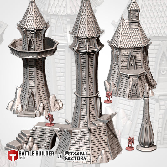 a collection of three towers, each with unique architectural designs, and a few small figures placed on the towers. The towers appear to be made of a gray material, possibly stone or metal, and are set against a light background.