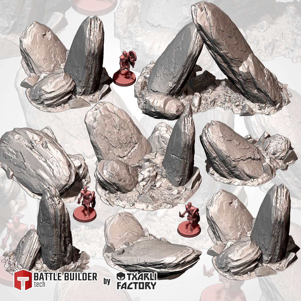 The image is a collage of various 3D models of rocks and figurines, likely used for tabletop or tabletop role-playing games.
