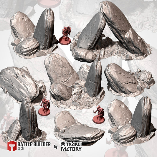 The image is a collage of various 3D models of rocks and figurines, likely used for tabletop or tabletop role-playing games.